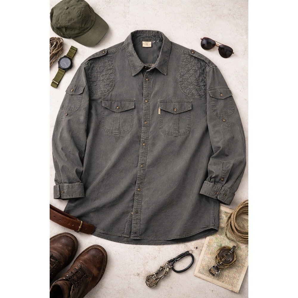 Vintage TAG Safari Men's Shirt 4X Gray Utility Field Y2K Military Button Up‎ 90s
